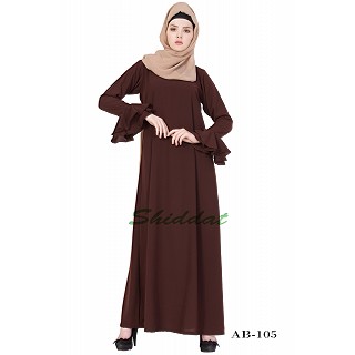  A-line designer abaya with frills on sleeves - Brown color